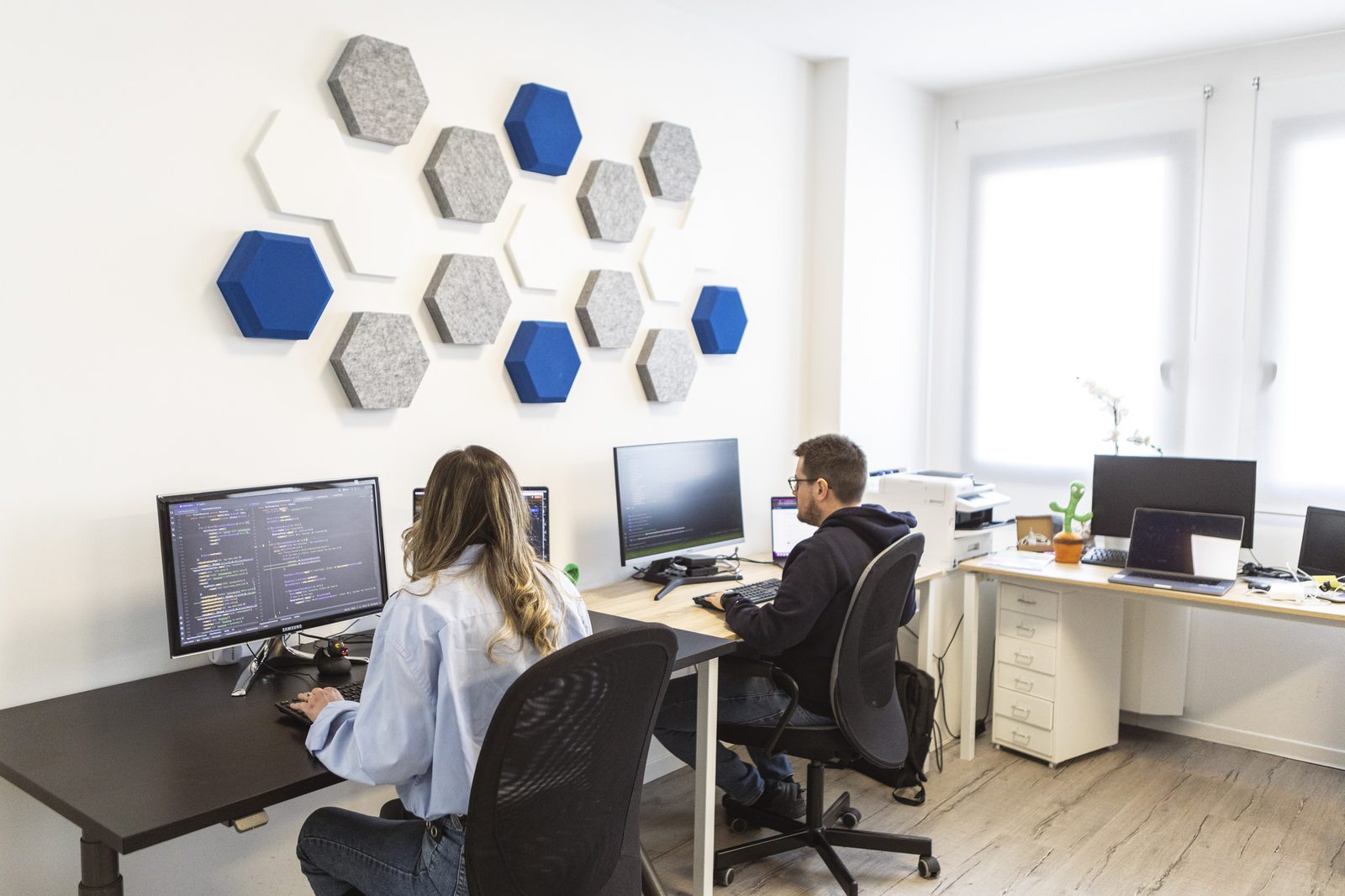 Postazioni di lavoro Doozy con dettaglio acustico esagonale alle pareti, due persone al monitor